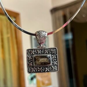 Sterling Silver Collar Necklace w/ Large Designer Faceted Gemstone Slide Pendant